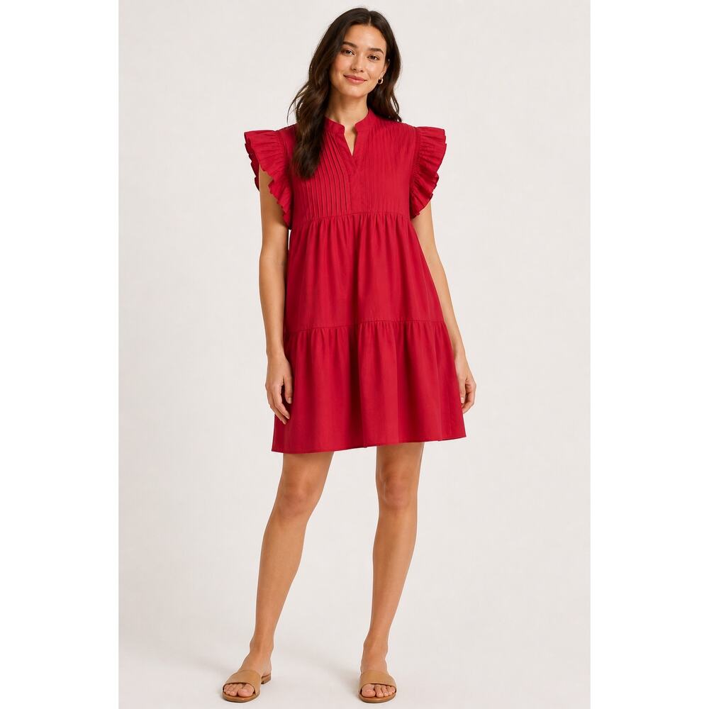 Odette Red Poplin Pleated Mini Dress Medium Ruffle Sleeve Organic Cotton NWT
